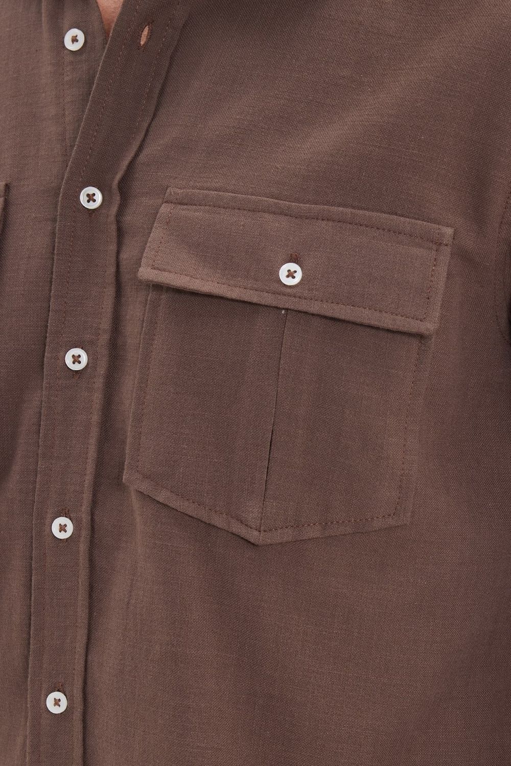 Erkek Regular Fit Klasik Kesim Oversize %100 Pamuk Keten Doku Çift Cep Kahverengi Gömlek