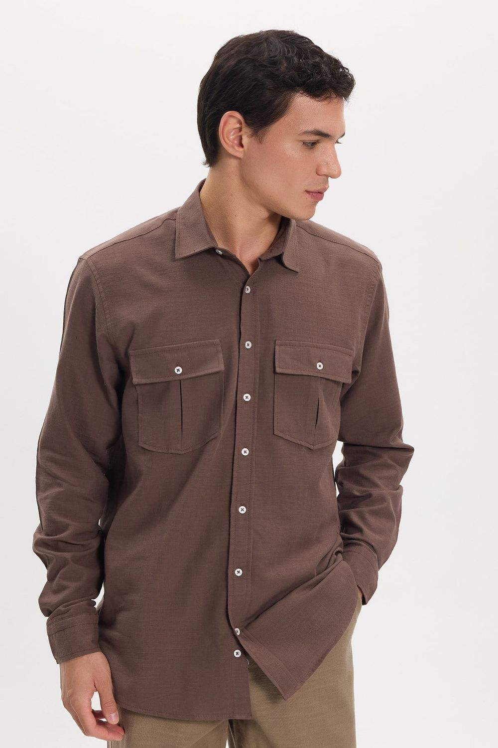 Erkek Regular Fit Klasik Kesim Oversize %100 Pamuk Keten Doku Çift Cep Kahverengi Gömlek