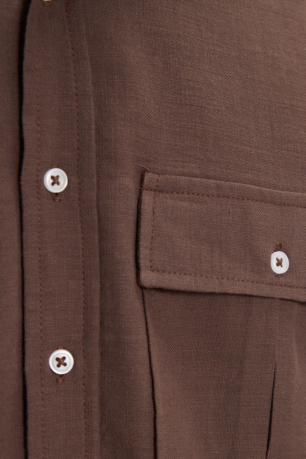 Erkek Regular Fit Klasik Kesim Oversize %100 Pamuk Keten Doku Çift Cep Kahverengi Gömlek