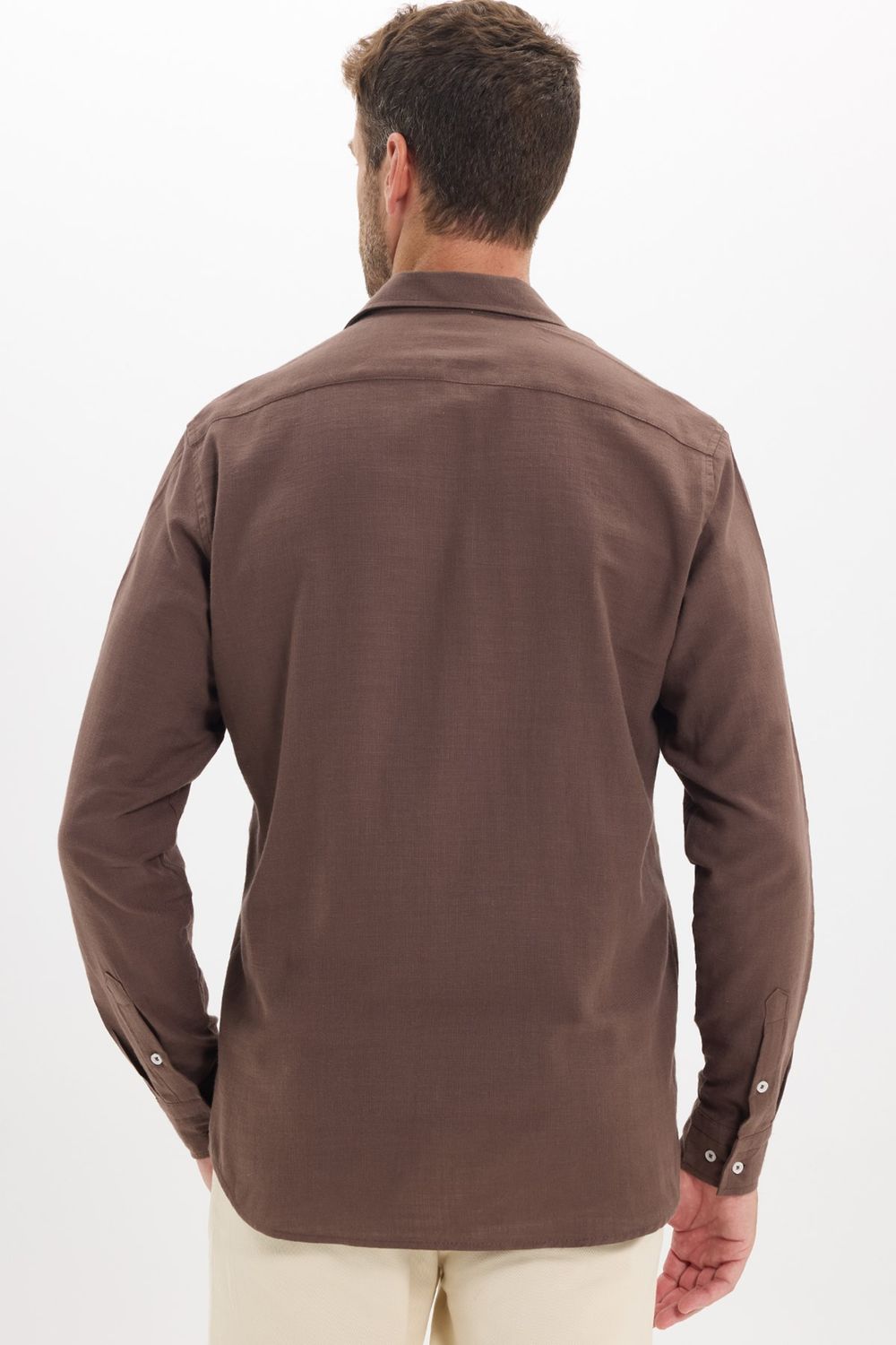 Erkek Regular Fit Klasik Kesim Oversize %100 Pamuk Keten Doku Çift Cep Kahverengi Gömlek