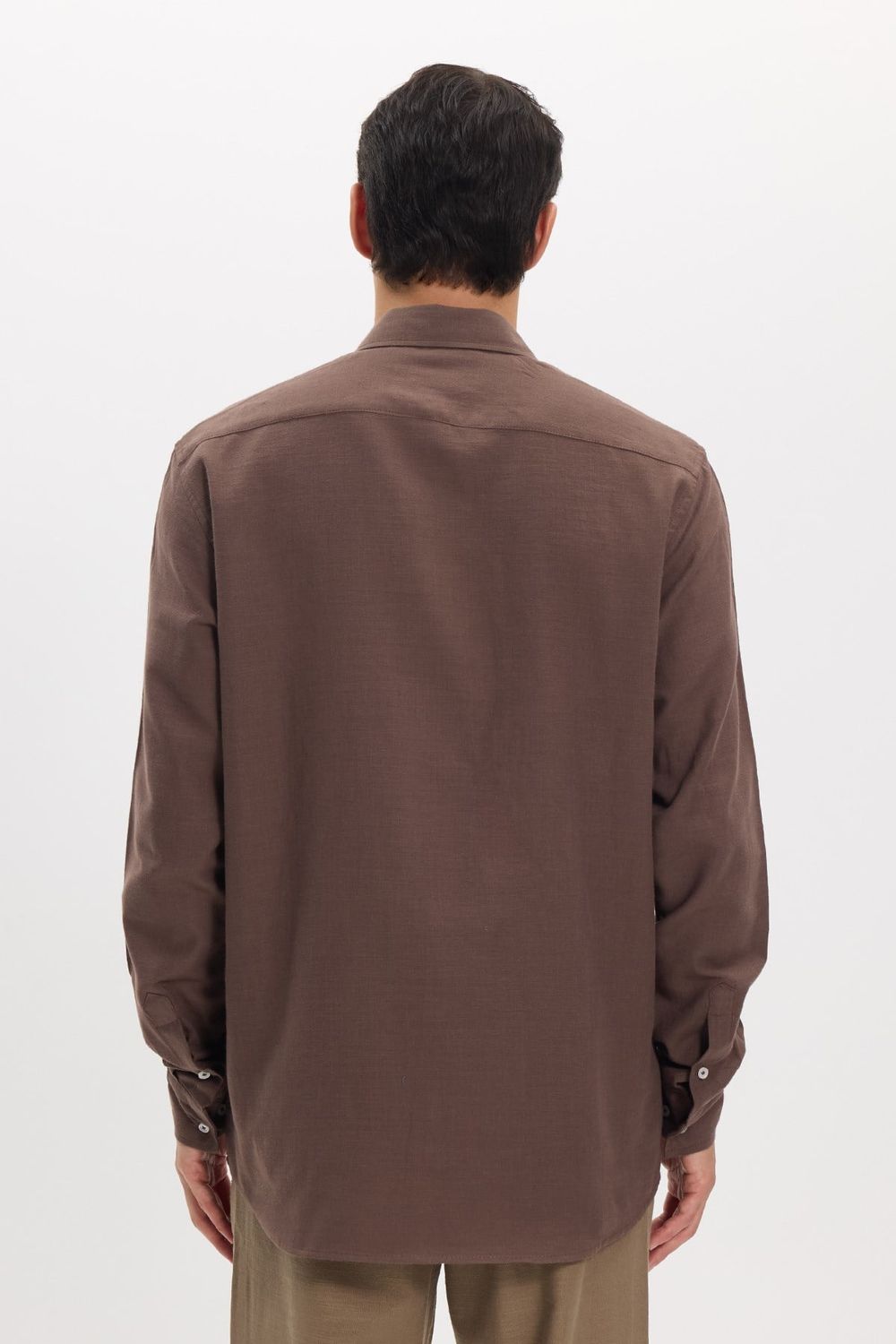 Erkek Regular Fit Klasik Kesim Oversize %100 Pamuk Keten Doku Çift Cep Kahverengi Gömlek