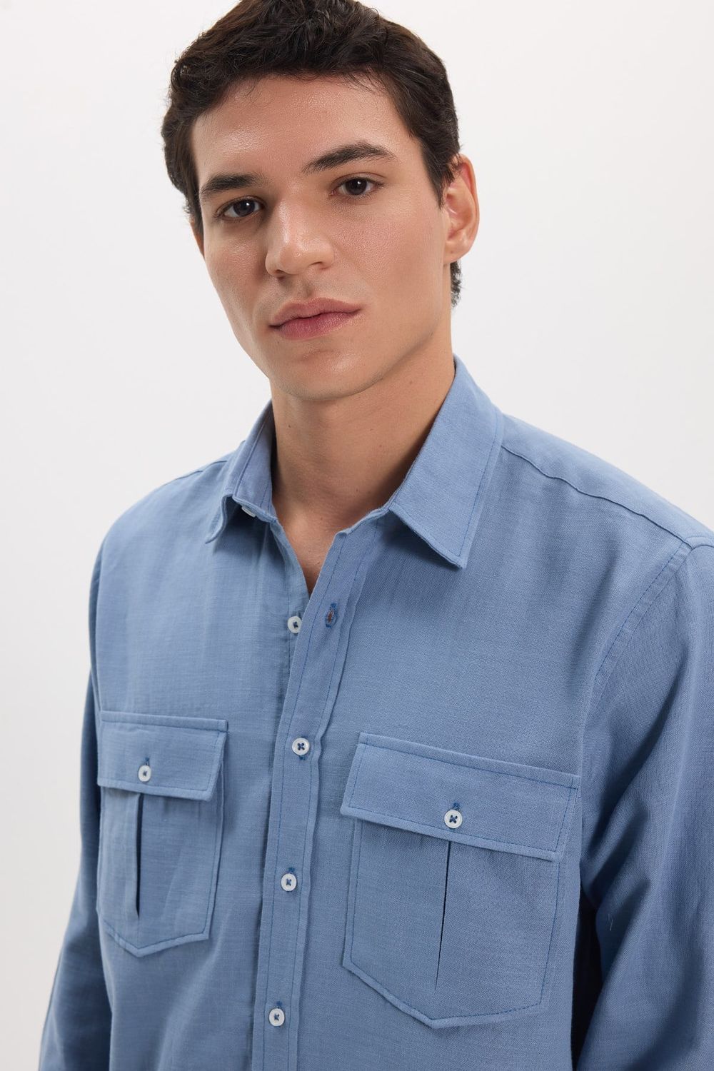 Erkek Regular Fit Klasik Kesim Oversize %100 Pamuk Keten Doku Çift Cep İndigo Gömlek