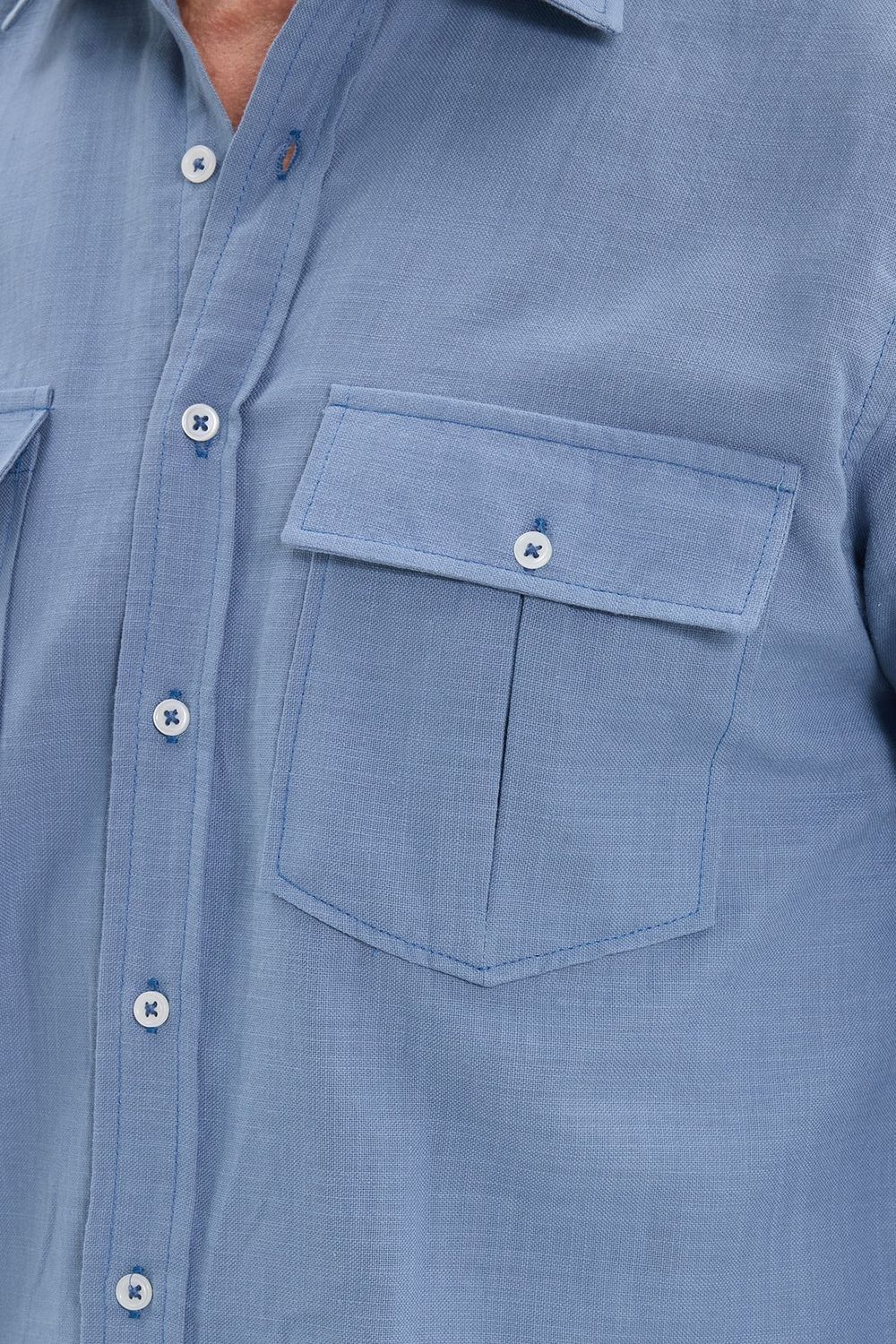 Erkek Regular Fit Klasik Kesim Oversize %100 Pamuk Keten Doku Çift Cep İndigo Gömlek