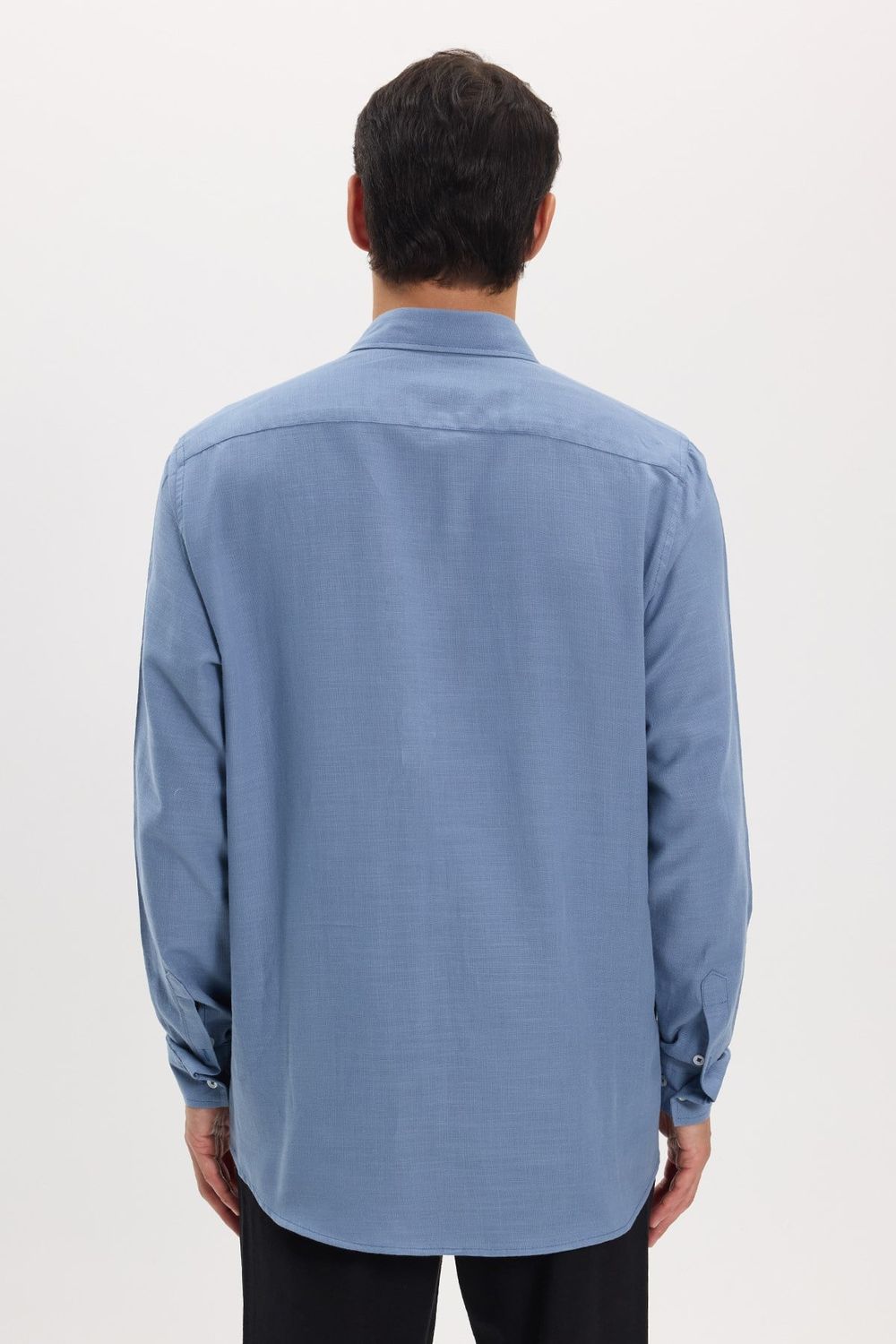 Erkek Regular Fit Klasik Kesim Oversize %100 Pamuk Keten Doku Çift Cep İndigo Gömlek