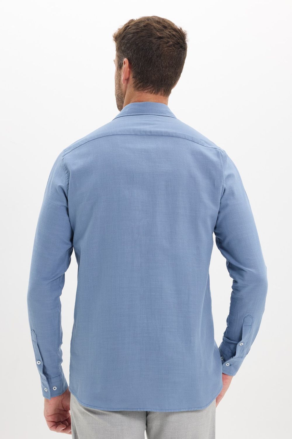 Erkek Regular Fit Klasik Kesim Oversize %100 Pamuk Keten Doku Çift Cep İndigo Gömlek
