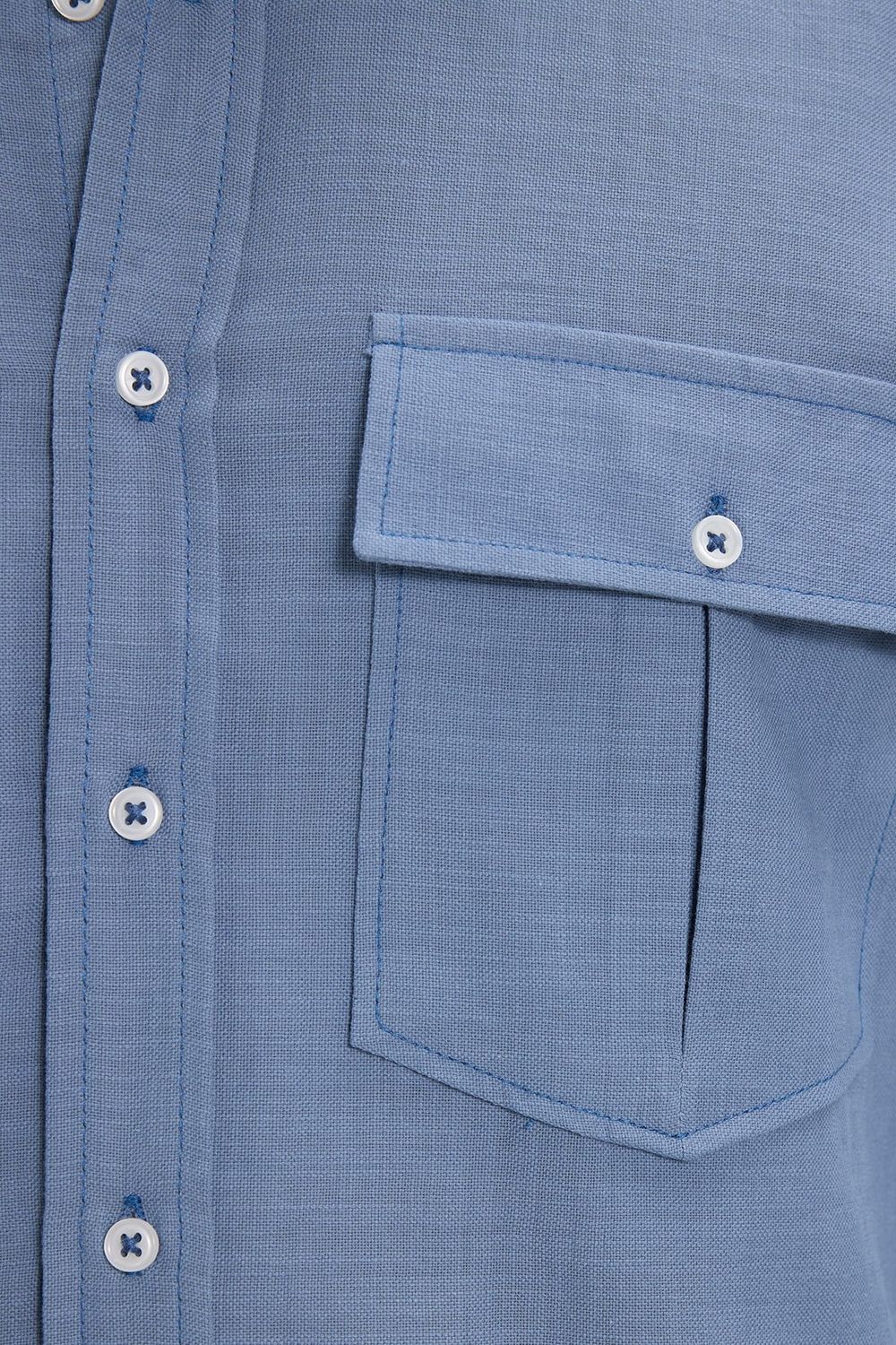 Erkek Regular Fit Klasik Kesim Oversize %100 Pamuk Keten Doku Çift Cep İndigo Gömlek