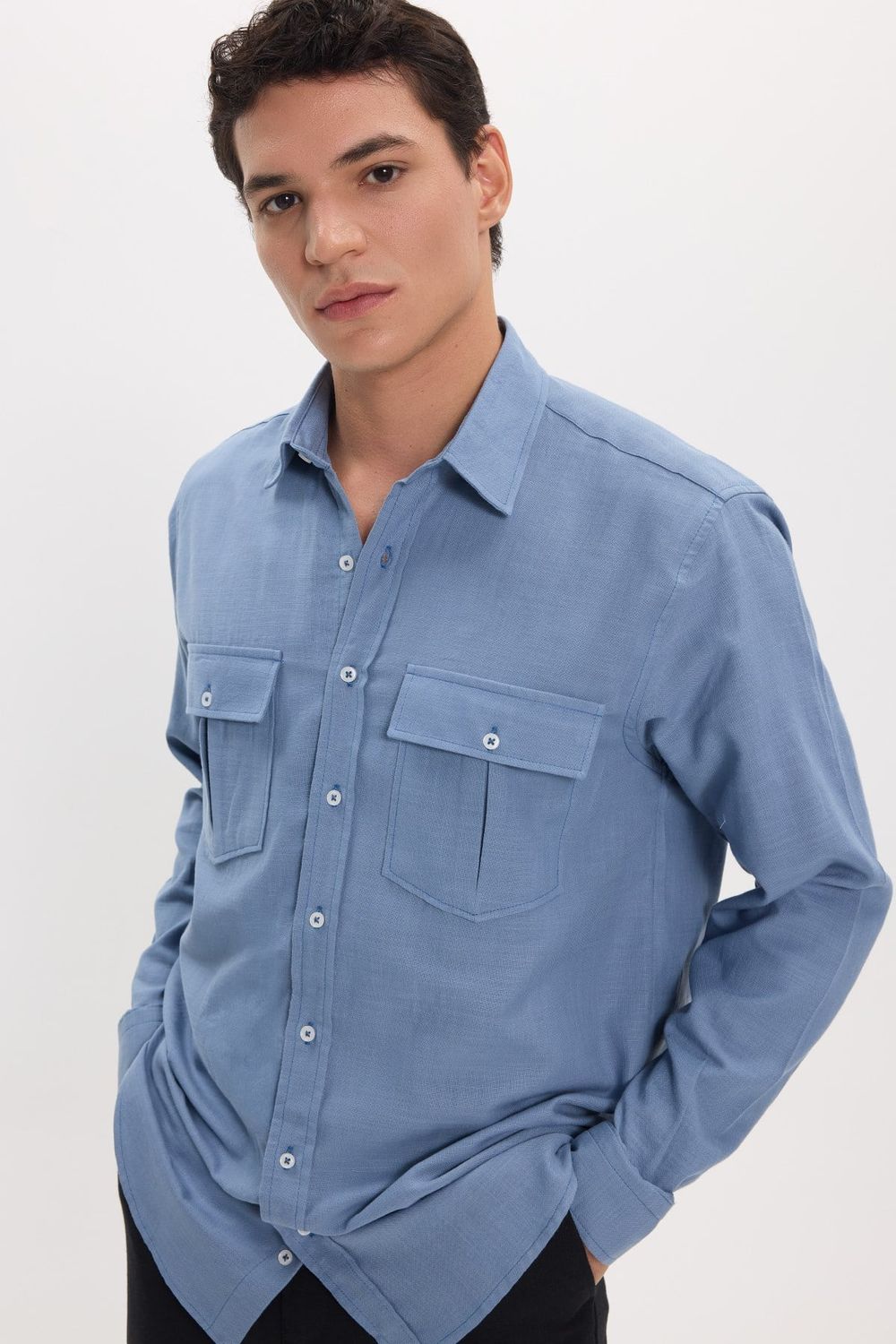 Erkek Regular Fit Klasik Kesim Oversize %100 Pamuk Keten Doku Çift Cep İndigo Gömlek