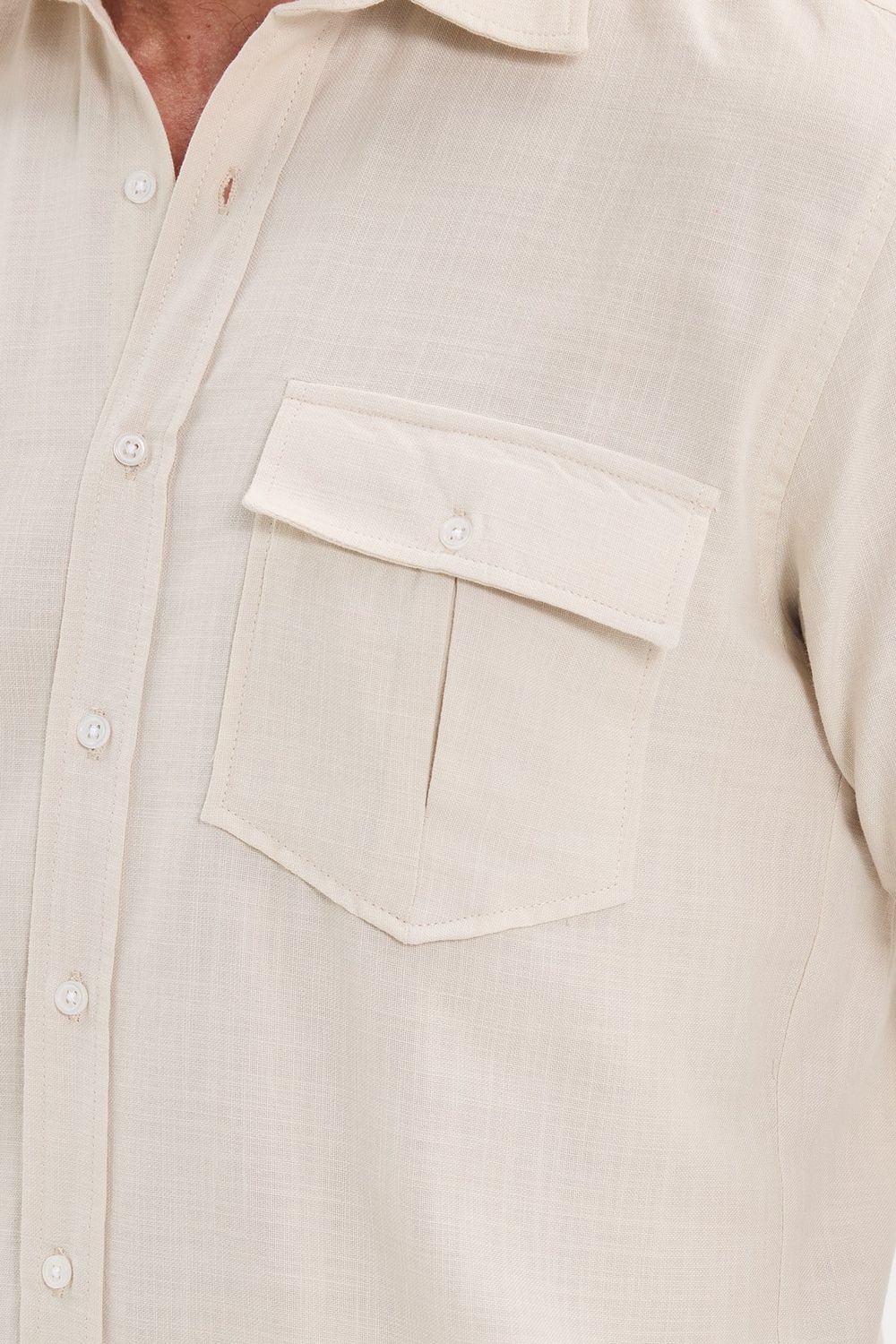 Erkek Regular Fit Klasik Kesim Oversize %100 Pamuk Keten Doku Çift Cep Bej Gömlek