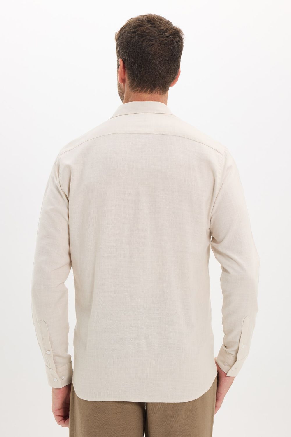 Erkek Regular Fit Klasik Kesim Oversize %100 Pamuk Keten Doku Çift Cep Bej Gömlek