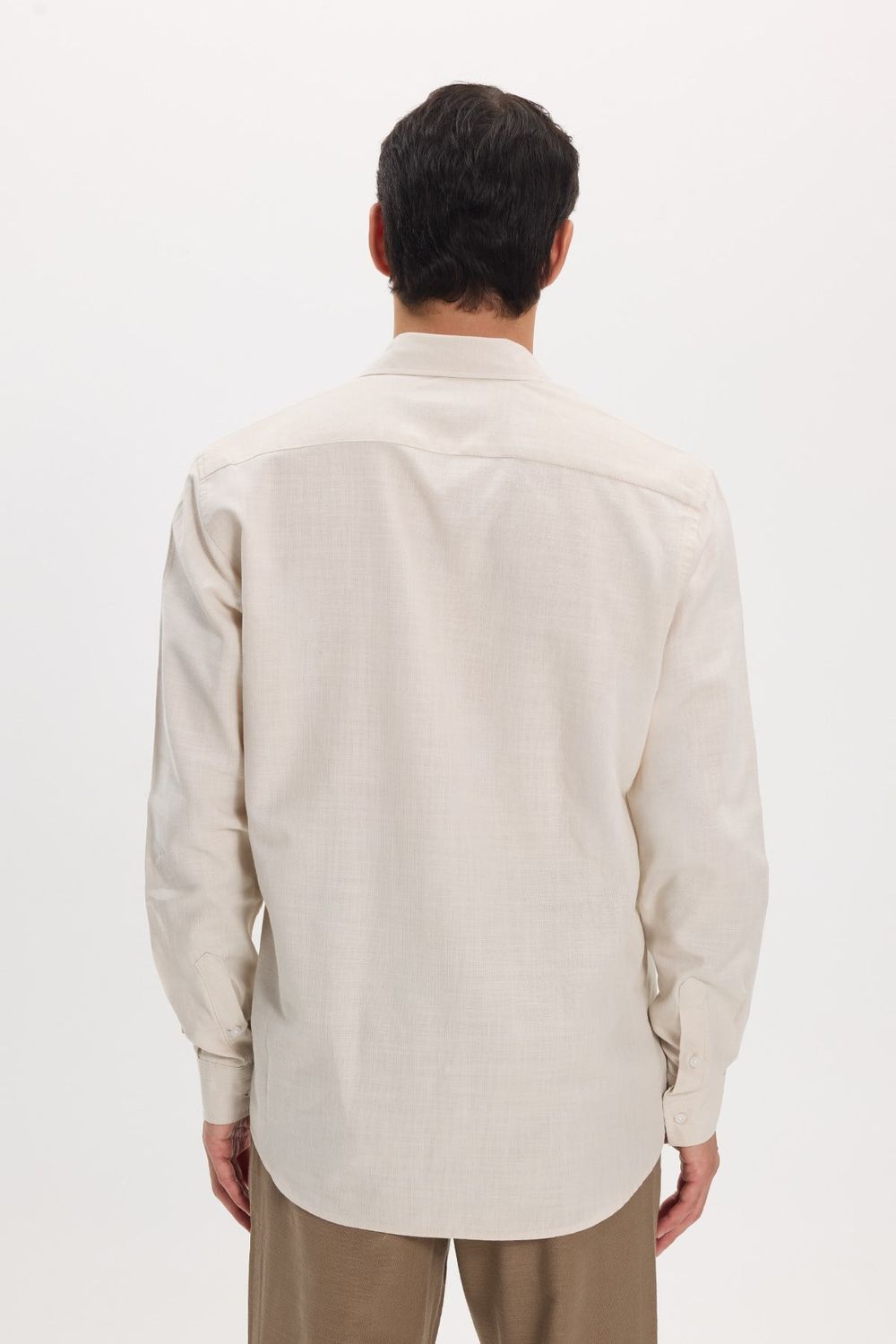 Erkek Regular Fit Klasik Kesim Oversize %100 Pamuk Keten Doku Çift Cep Bej Gömlek