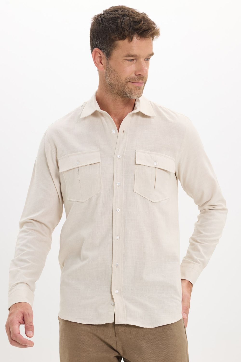 Erkek Regular Fit Klasik Kesim Oversize %100 Pamuk Keten Doku Çift Cep Bej Gömlek