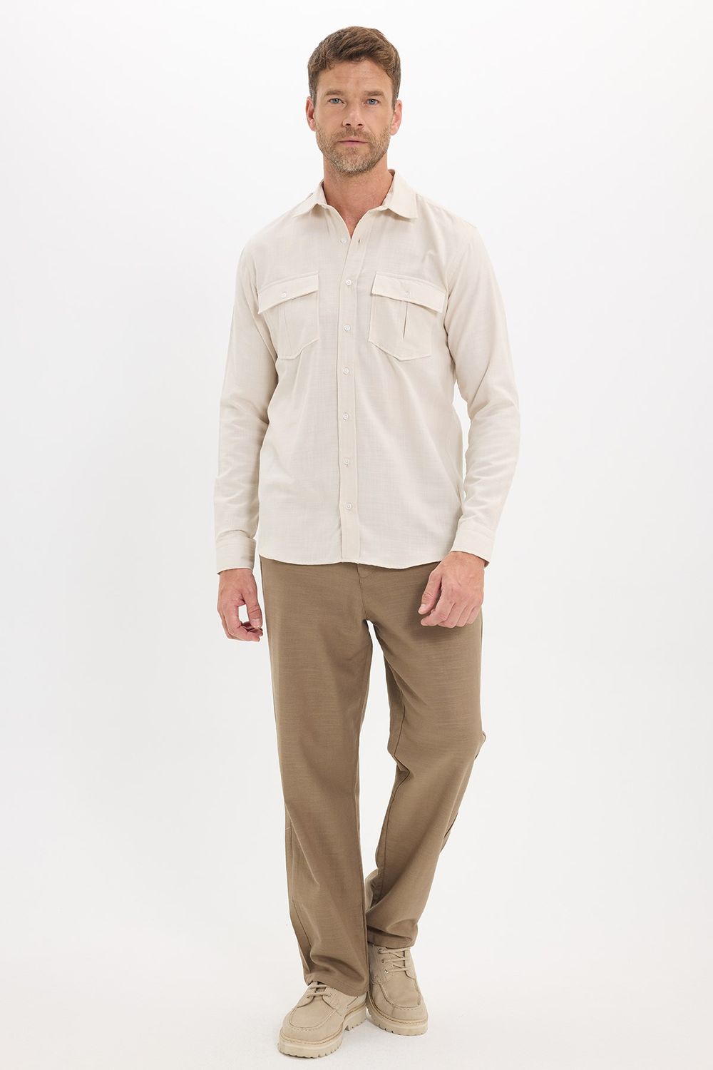 Erkek Regular Fit Klasik Kesim Oversize %100 Pamuk Keten Doku Çift Cep Bej Gömlek