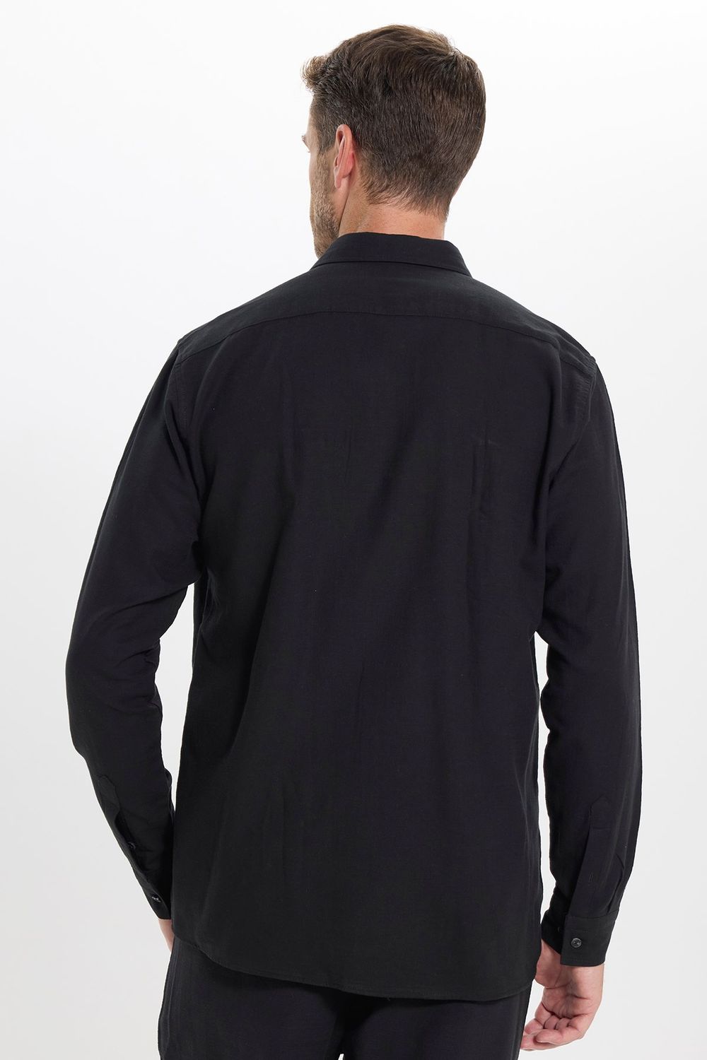 Erkek Regular Fit Klasik Kesim Oversize %100 Pamuk Keten Doku Çift Cep Siyah Gömlek