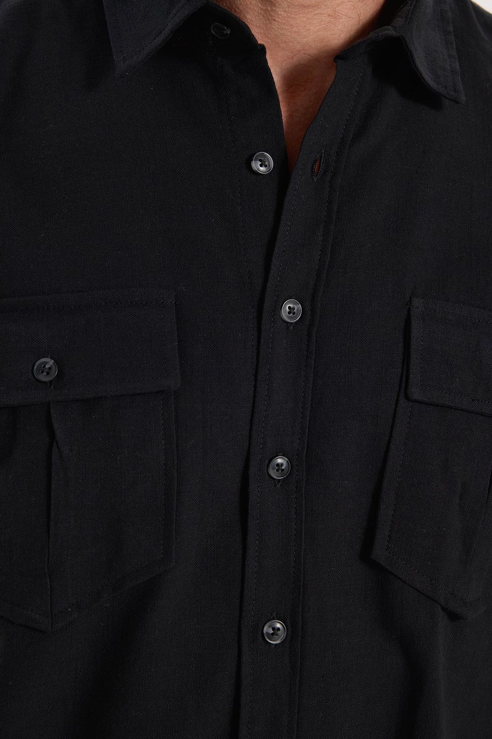 Erkek Regular Fit Klasik Kesim Oversize %100 Pamuk Keten Doku Çift Cep Siyah Gömlek