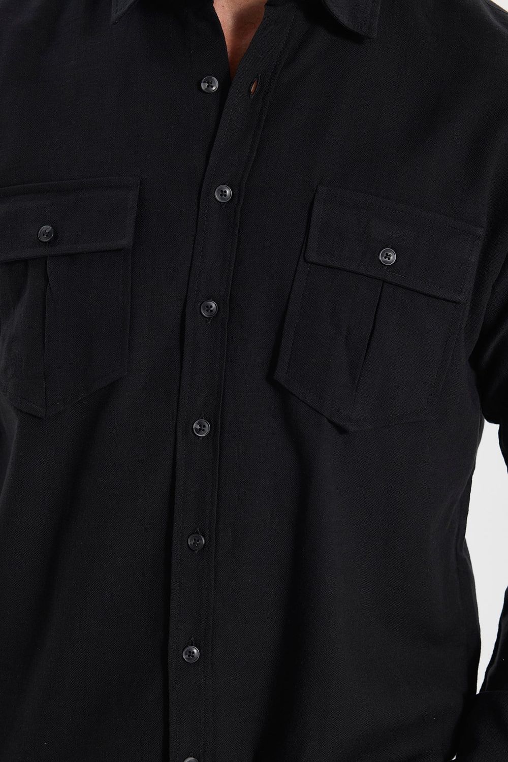 Erkek Regular Fit Klasik Kesim Oversize %100 Pamuk Keten Doku Çift Cep Siyah Gömlek