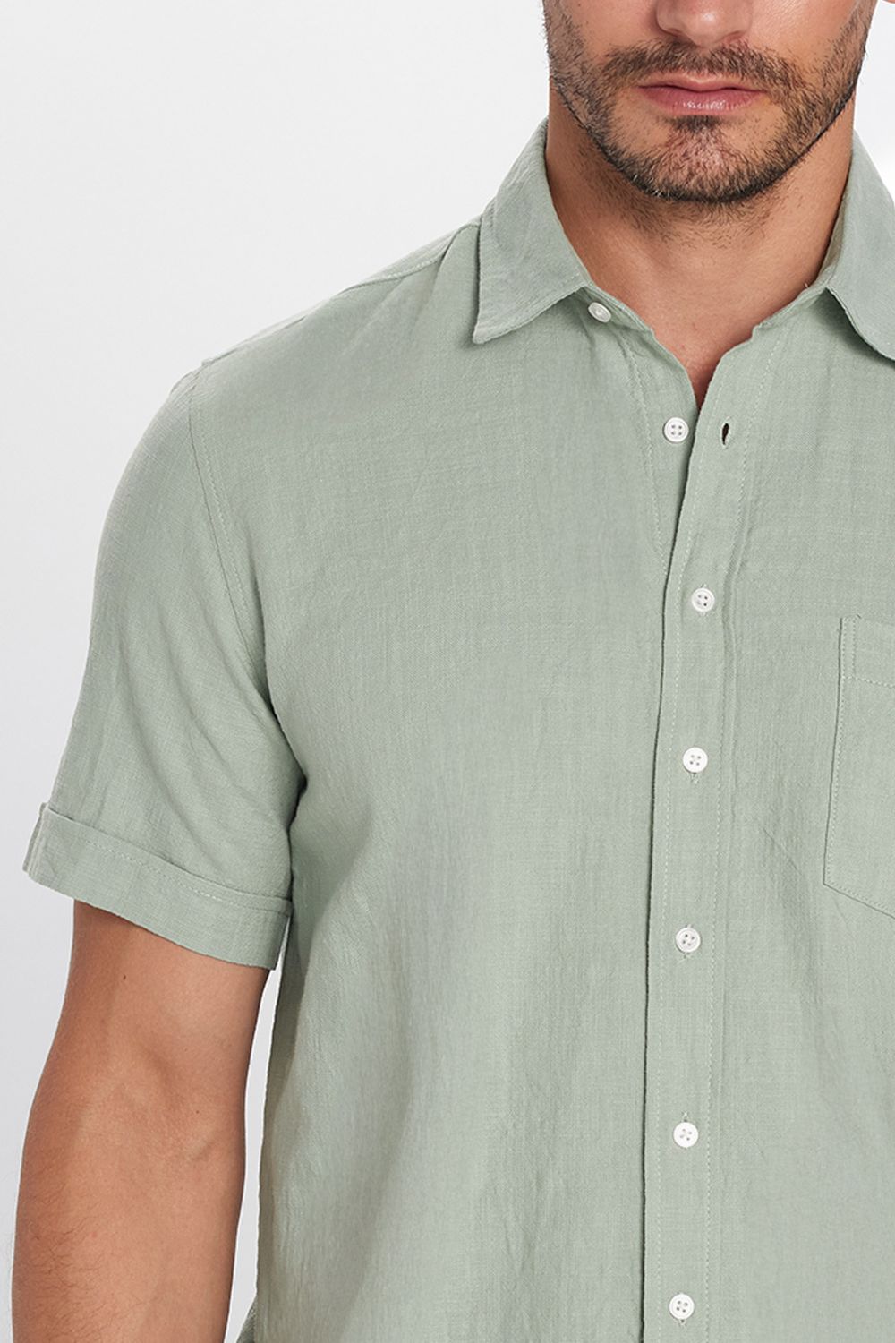 Erkek Regular Fit Klasik Kesim Oversize %100 Pamuk Keten Doku Cepli Yeşil Gömlek
