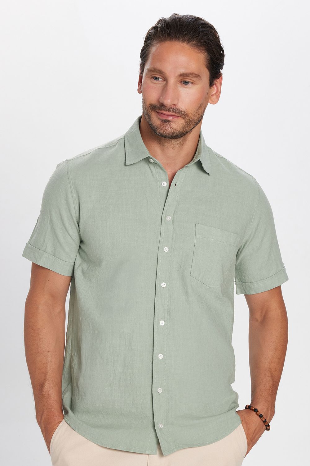 Erkek Regular Fit Klasik Kesim Oversize %100 Pamuk Keten Doku Cepli Yeşil Gömlek