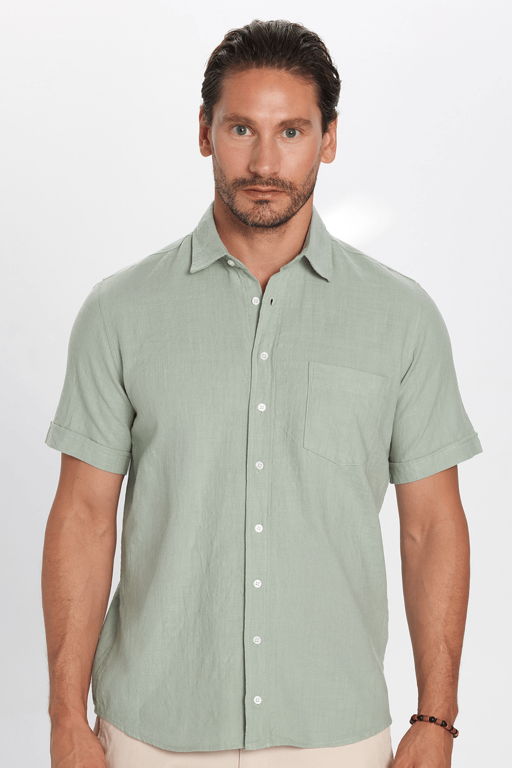 Erkek Regular Fit Klasik Kesim Oversize %100 Pamuk Keten Doku Cepli Yeşil Gömlek