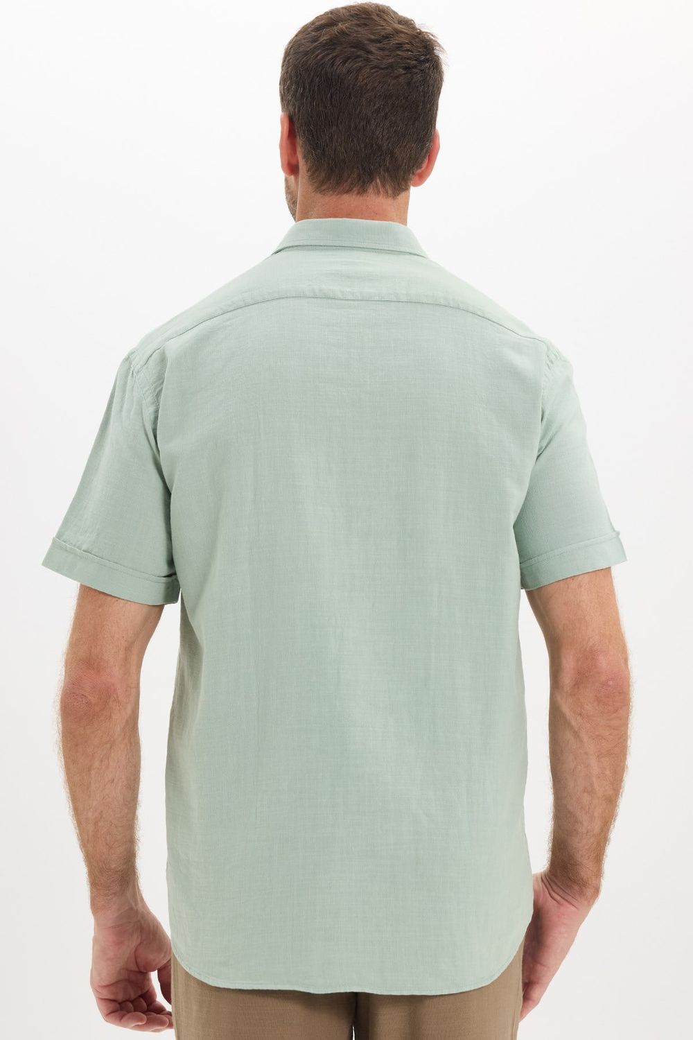 Erkek Regular Fit Klasik Kesim Oversize %100 Pamuk Keten Doku Cepli Yeşil Gömlek