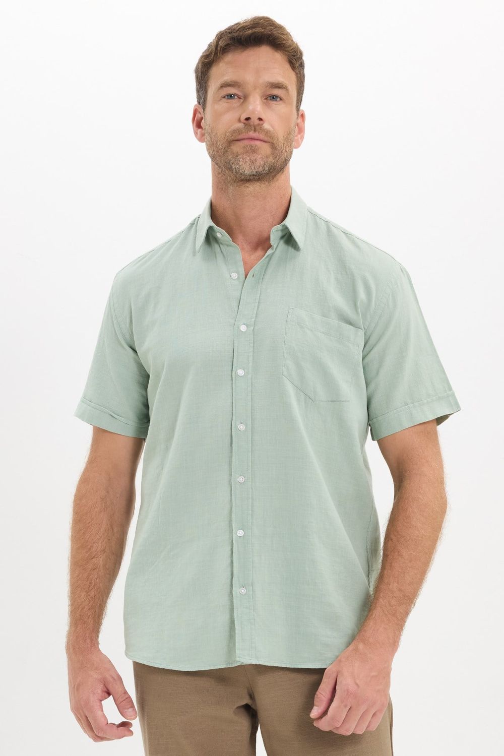 Erkek Regular Fit Klasik Kesim Oversize %100 Pamuk Keten Doku Cepli Yeşil Gömlek