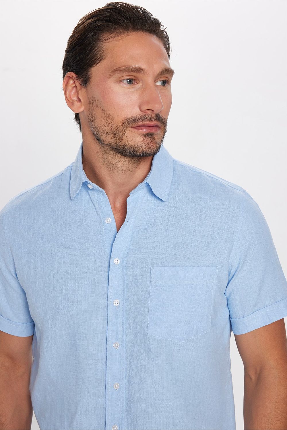 Erkek Regular Fit Klasik Kesim Oversize %100 Pamuk Keten Doku Cepli Mavi Gömlek
