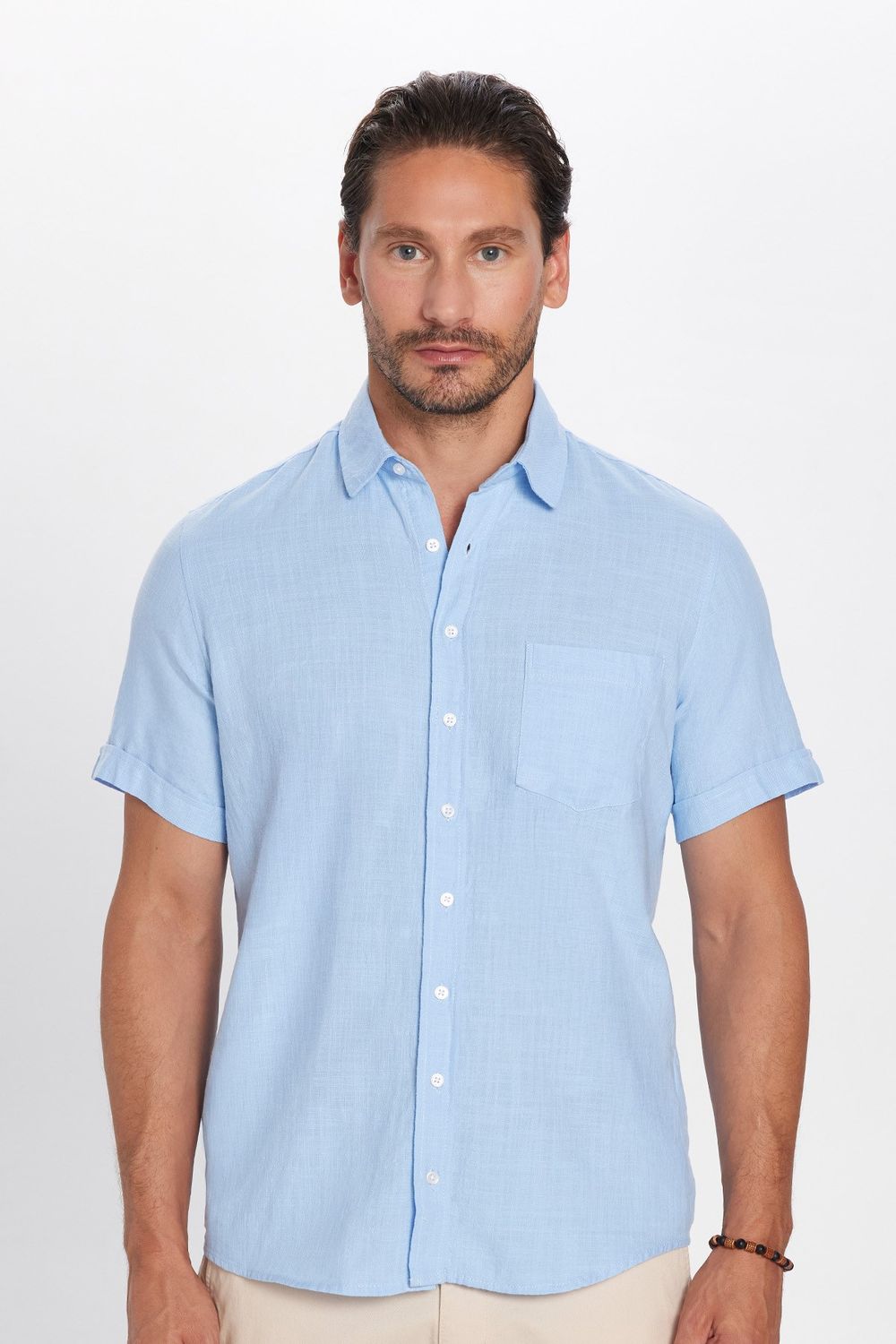 Erkek Regular Fit Klasik Kesim Oversize %100 Pamuk Keten Doku Cepli Mavi Gömlek