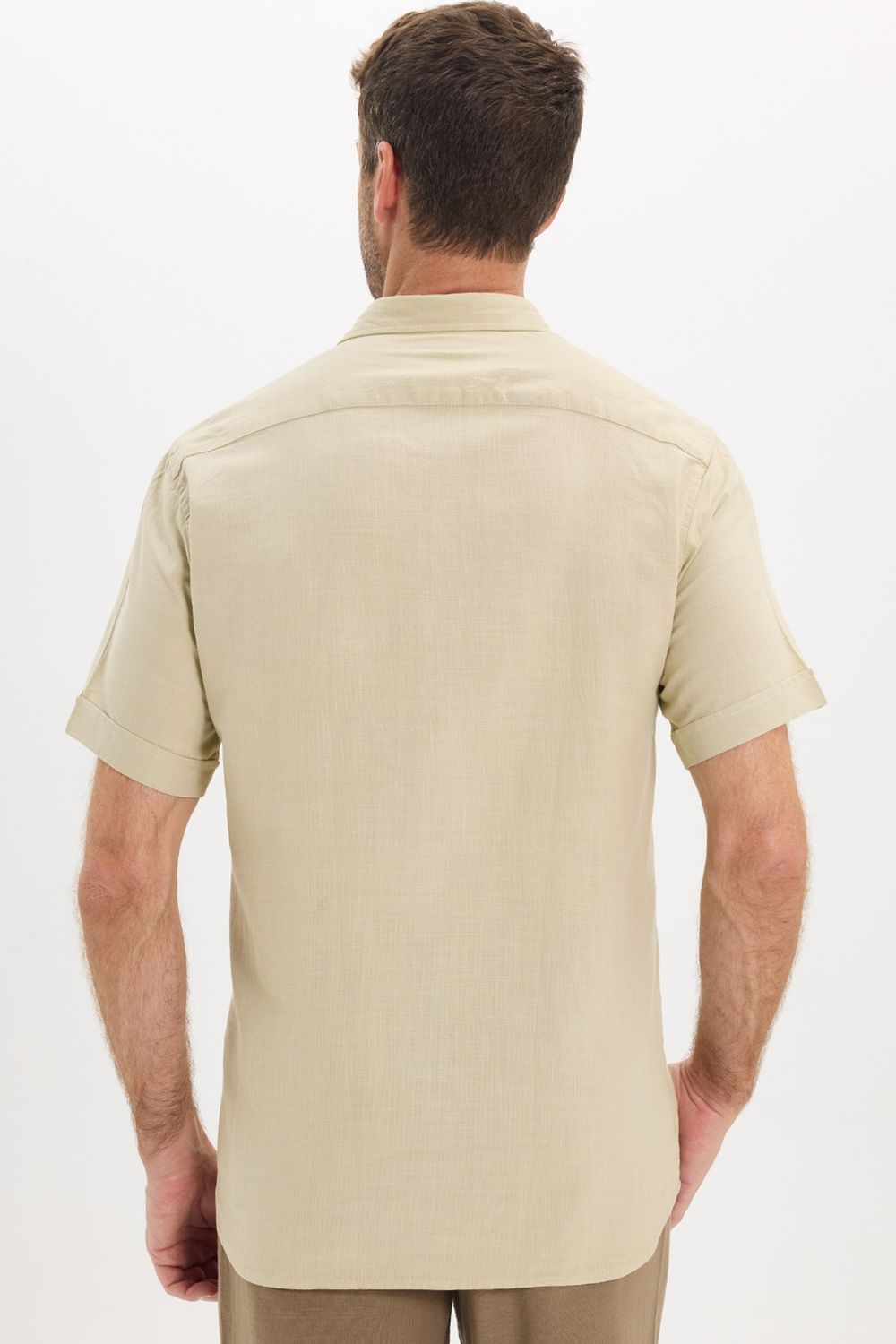 Erkek Regular Fit Klasik Kesim Oversize %100 Pamuk Keten Doku Cepli Taş Renk Gömlek