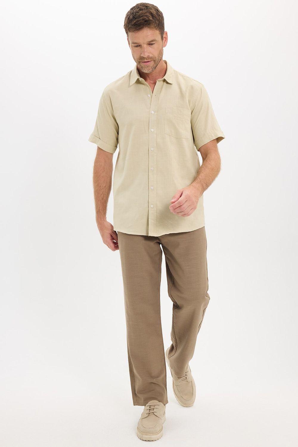 Erkek Regular Fit Klasik Kesim Oversize %100 Pamuk Keten Doku Cepli Taş Renk Gömlek