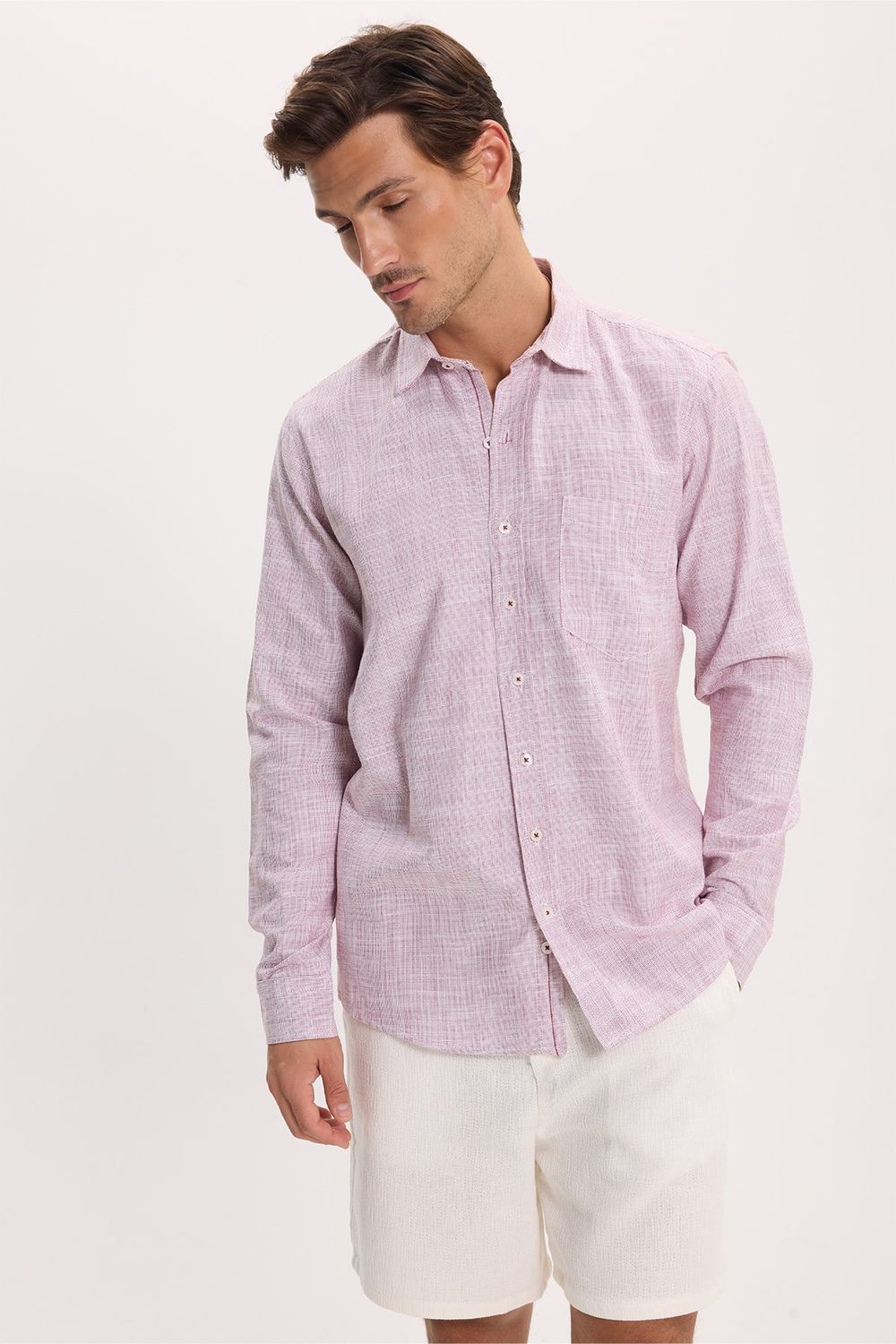 Erkek Regular Fit Klasik Kesim Oversize %100 Pamuk Keten Doku Bordo Gömlek