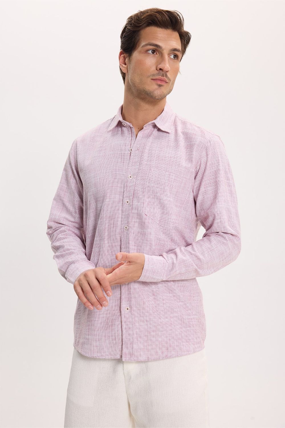 Erkek Regular Fit Klasik Kesim Oversize %100 Pamuk Keten Doku Bordo Gömlek