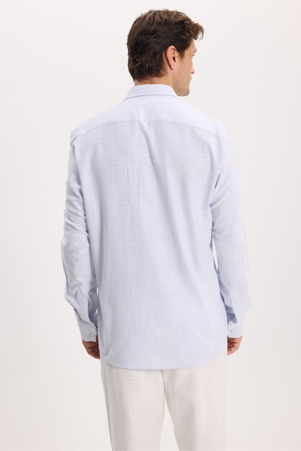 Erkek Regular Fit Klasik Kesim Oversize %100 Pamuk Keten Doku Mavi Gömlek