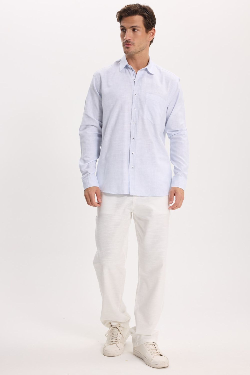 Erkek Regular Fit Klasik Kesim Oversize %100 Pamuk Keten Doku Mavi Gömlek