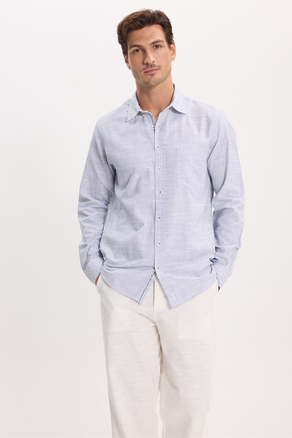 Erkek Regular Fit Klasik Kesim Oversize %100 Pamuk Keten Doku Lacivert Gömlek