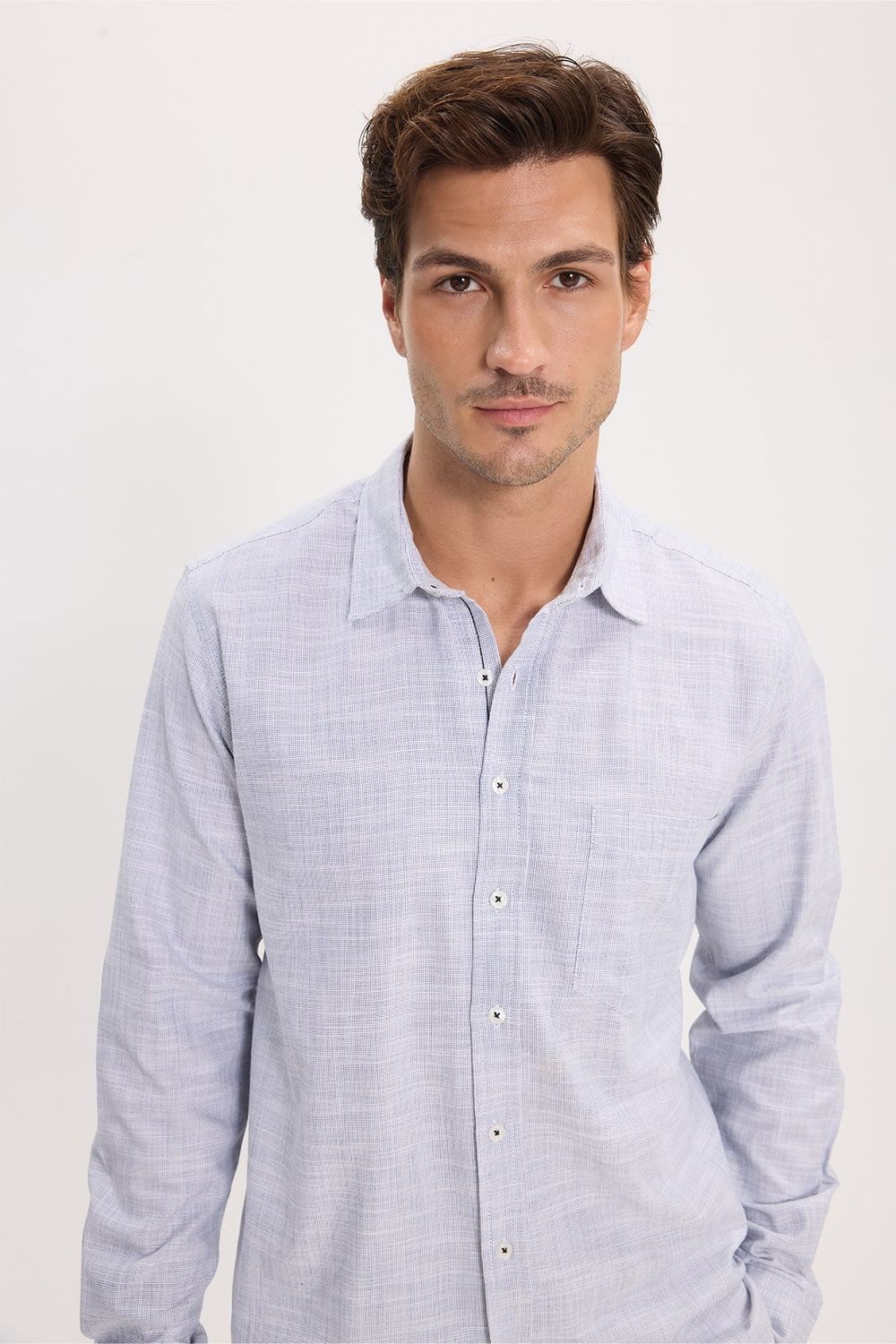 Erkek Regular Fit Klasik Kesim Oversize %100 Pamuk Keten Doku Lacivert Gömlek