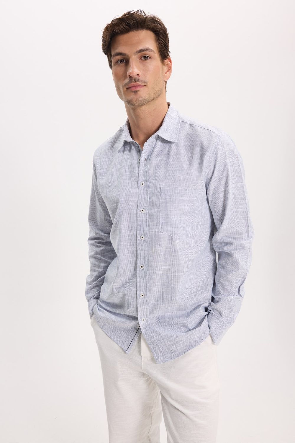 Erkek Regular Fit Klasik Kesim Oversize %100 Pamuk Keten Doku Lacivert Gömlek