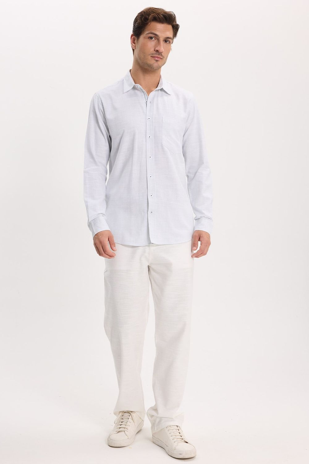 Erkek Regular Fit Klasik Kesim Oversize %100 Pamuk Keten Doku Yeşil Gömlek