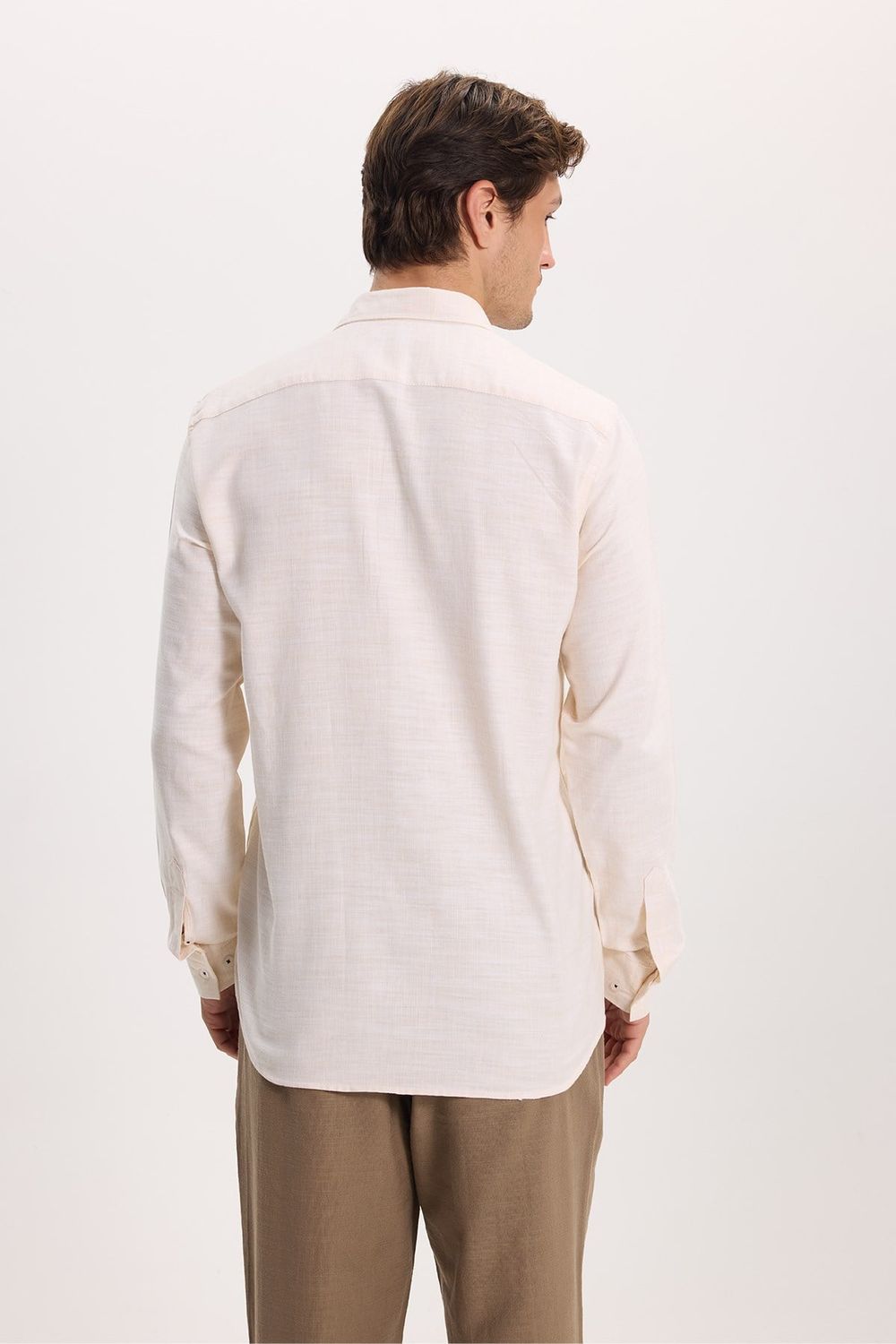 Erkek Regular Fit Klasik Kesim Oversize %100 Pamuk Keten Doku Bej Gömlek