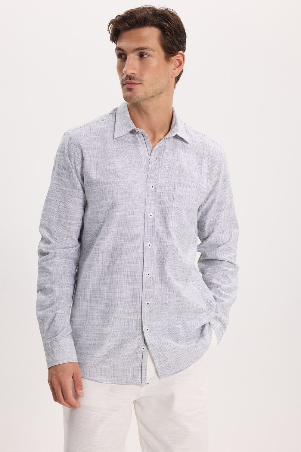 Erkek Regular Fit Klasik Kesim Oversize %100 Pamuk Keten Doku Gri Gömlek