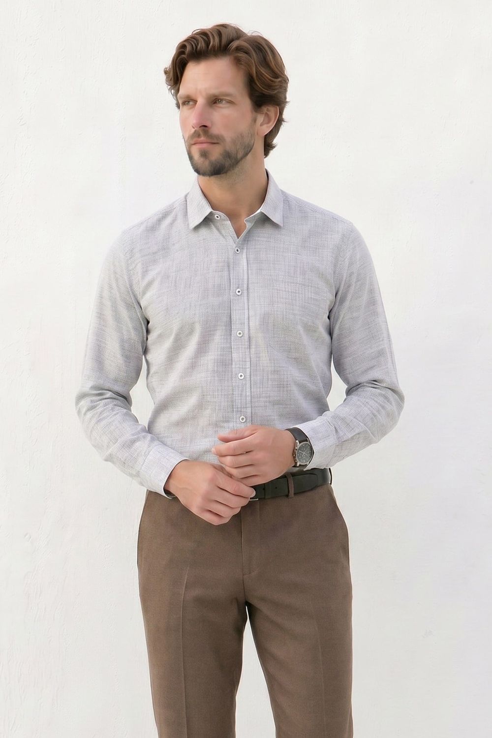 Erkek Regular Fit Klasik Kesim Oversize %100 Pamuk Keten Doku Gri Gömlek