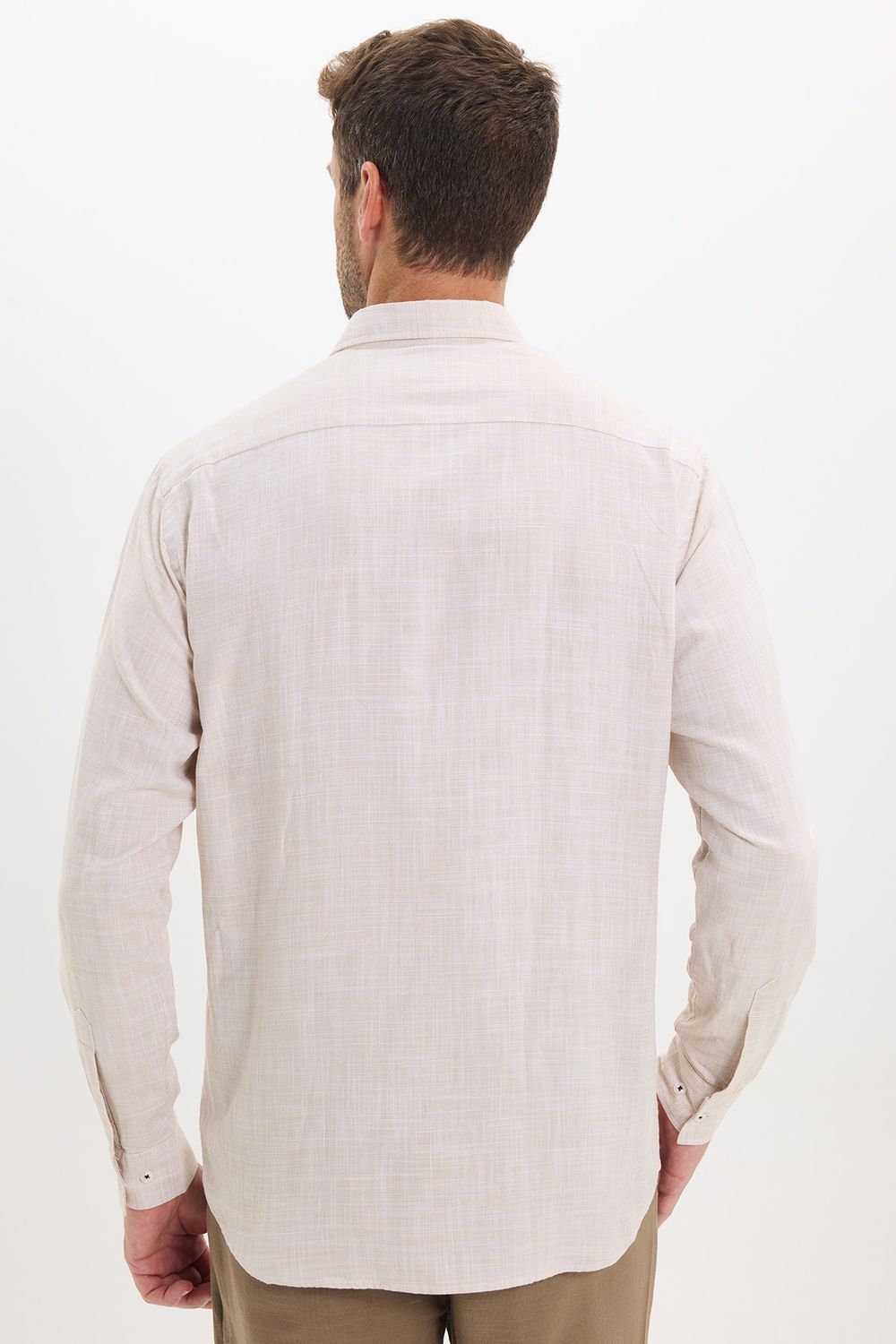 Erkek Regular Fit Klasik Kesim Oversize %100 Pamuk Keten Doku Bej Gömlek