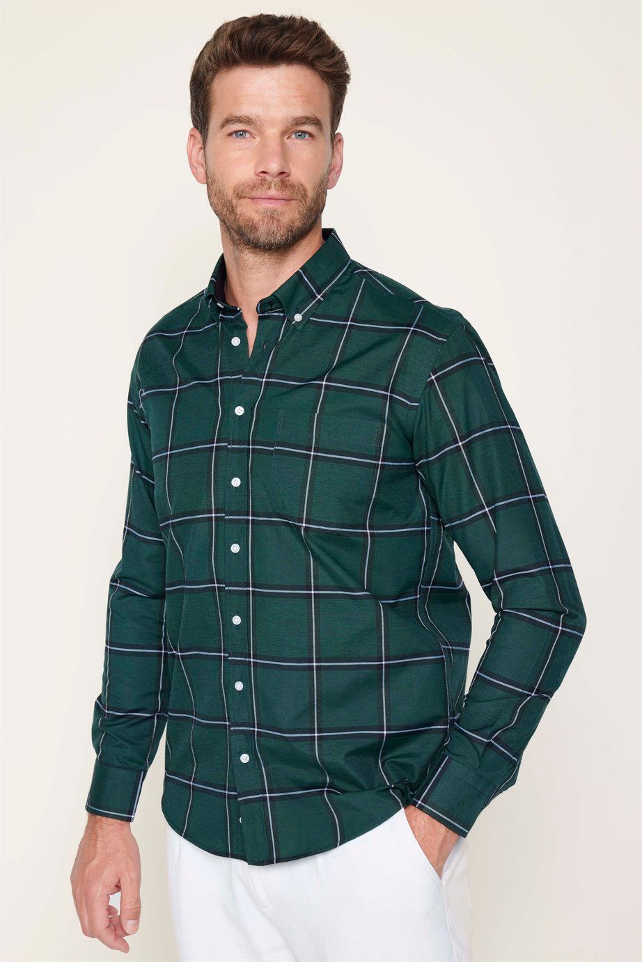 Klasik Fit Düğmeli Yaka Küçük Kareli Pamuklu Erkek Gömlek