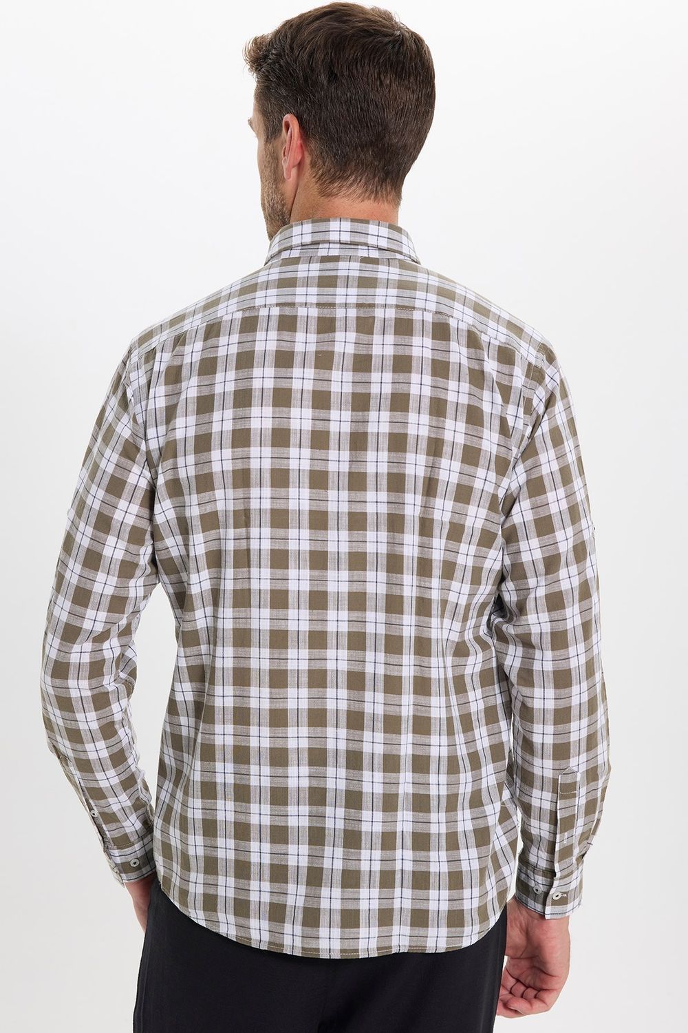 Erkek Regular Fit Klasik Kesim Oversize %100 Pamuk Keten Doku Tek Cep Kareli Düğmeli Yaka Gömlek