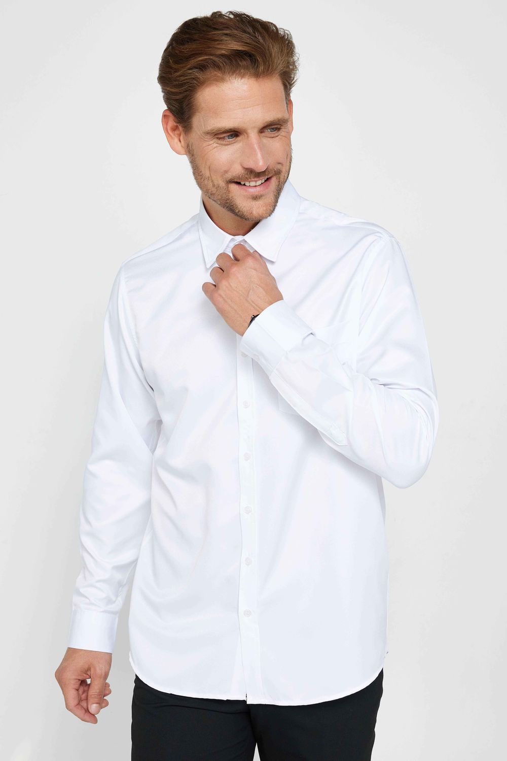 Klasik Fit Rahat Kesim Kolay Ütü Teri Emen Nefes Alan Doku Kravatlık Dört Mevsim Beyaz Erkek Gömlek