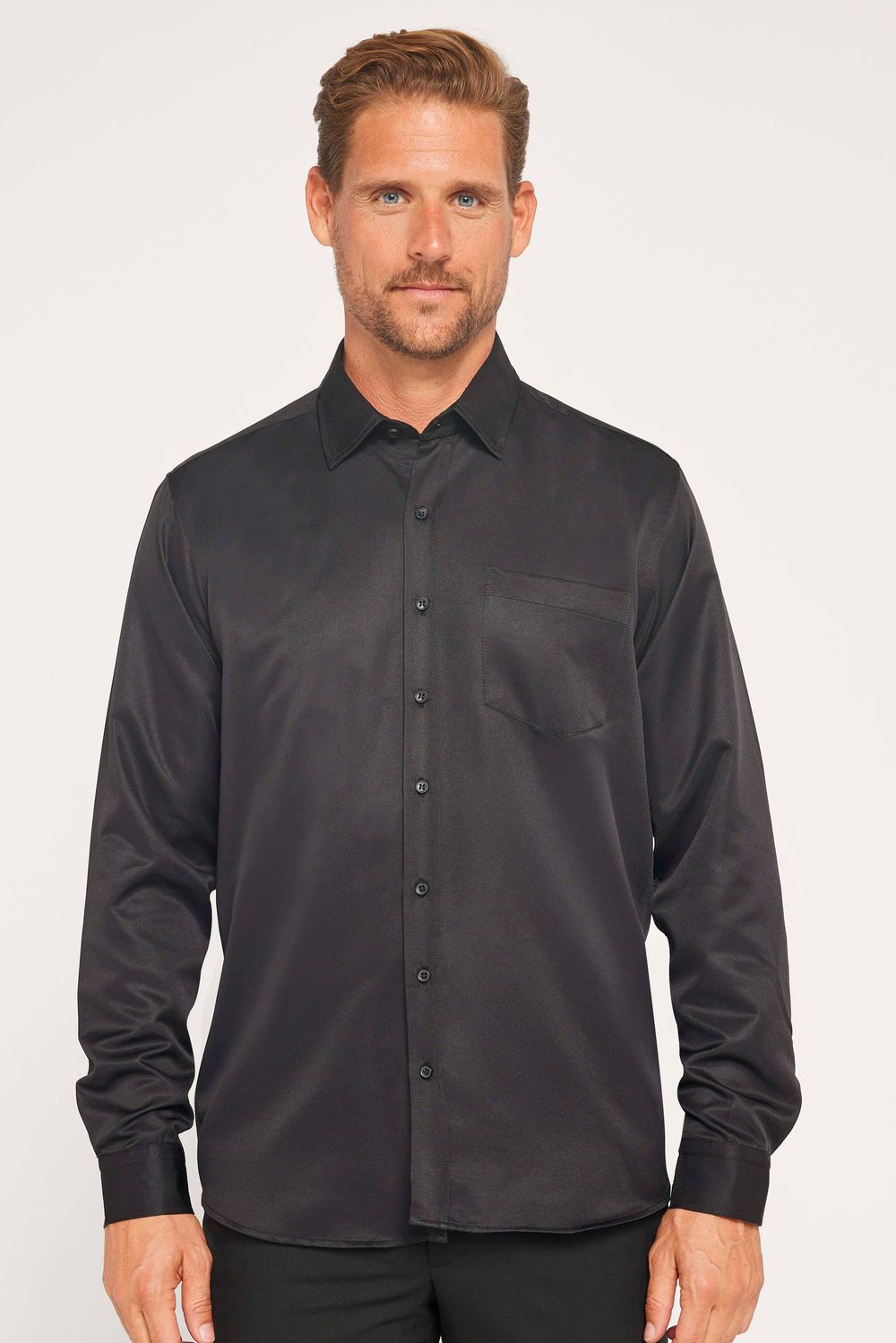 Klasik Fit Rahat Kesim Kolay Ütü Teri Emen Nefes Alan Doku Kravatlık Dört Mevsim Siyah Erkek Gömlek