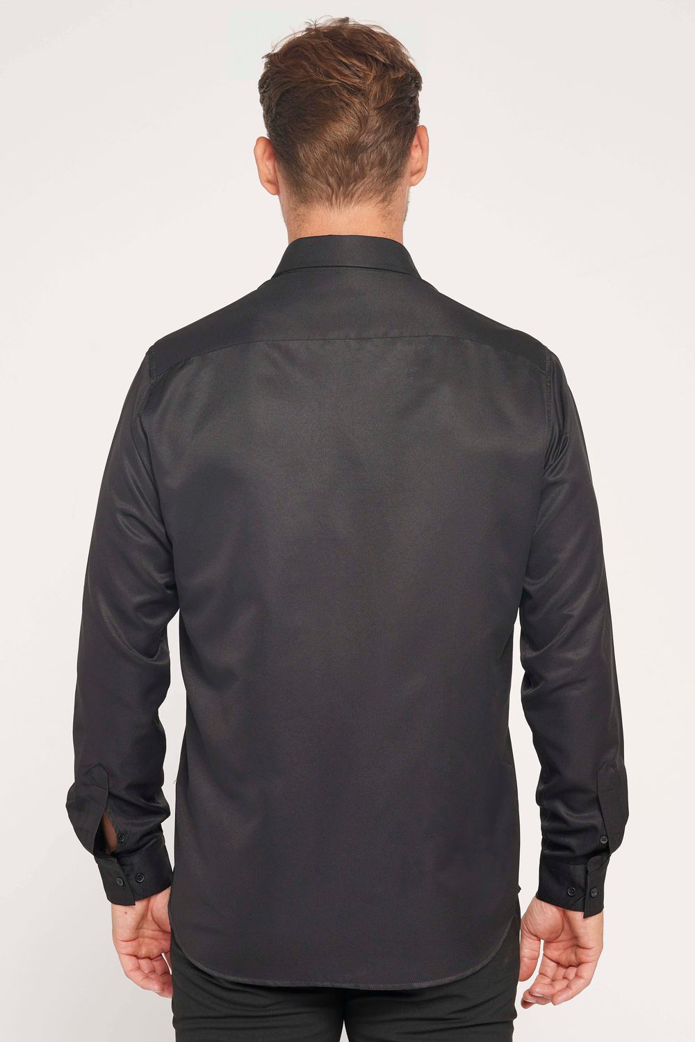 Klasik Fit Rahat Kesim Kolay Ütü Teri Emen Nefes Alan Doku Kravatlık Dört Mevsim Siyah Erkek Gömlek
