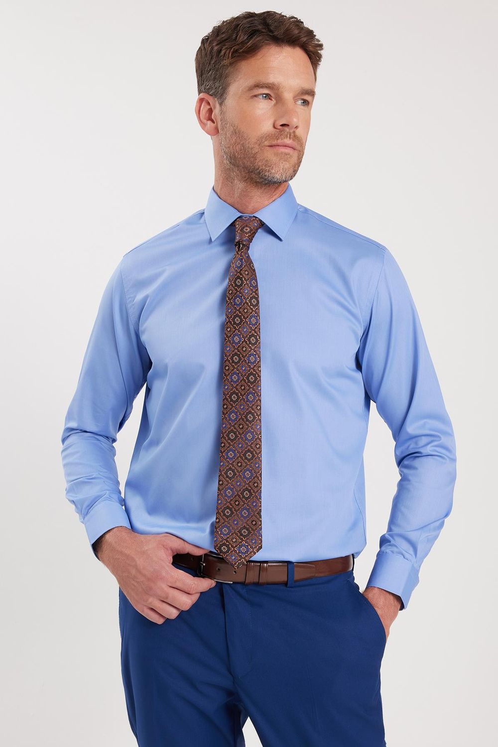 Erkek Regular Fit Mavi Non-Iron Pamuklu Doğa Dostu Ekoteks Belgeli Ütü Gerektirmez Gömlek