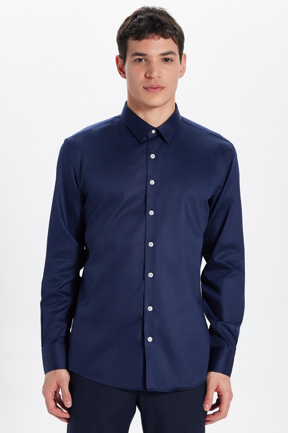 Erkek Regular Fit Klasik Kesim Lacivert Non-Iron Pamuklu Doğa Dostu Belgeli Ütü Gerektirmez Gömlek