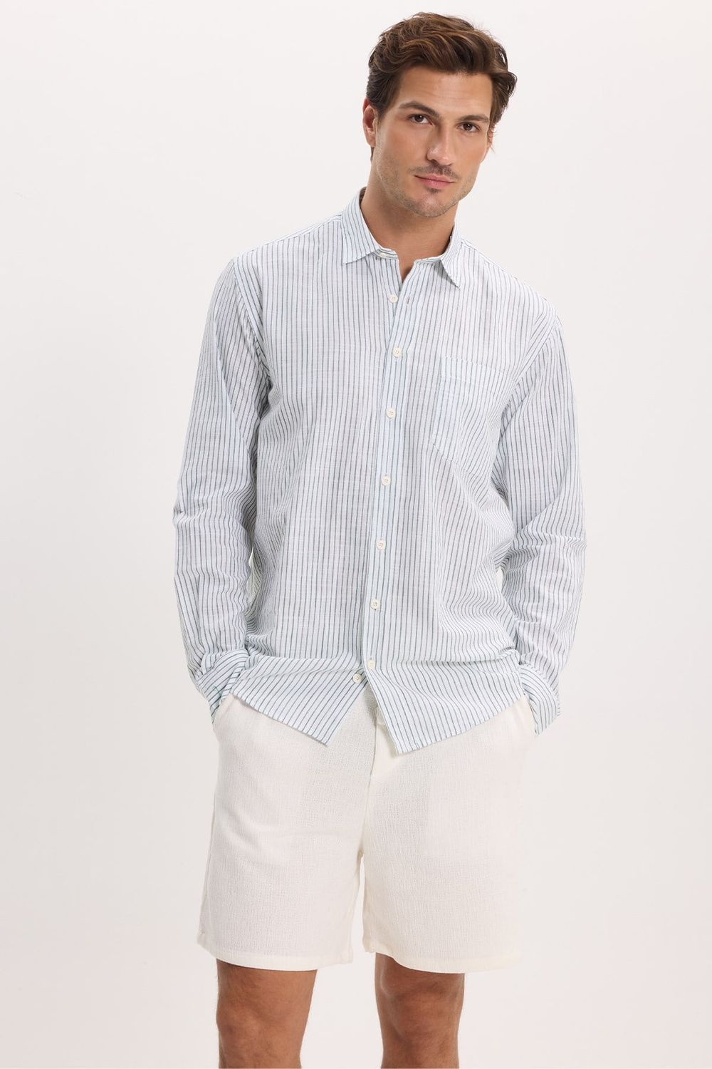 Erkek Regular Fit Klasik Kesim Oversize Uzun Kollu %100 Pamuk Keten Doku Tek Cepli Çizgili Yeşil Gömlek