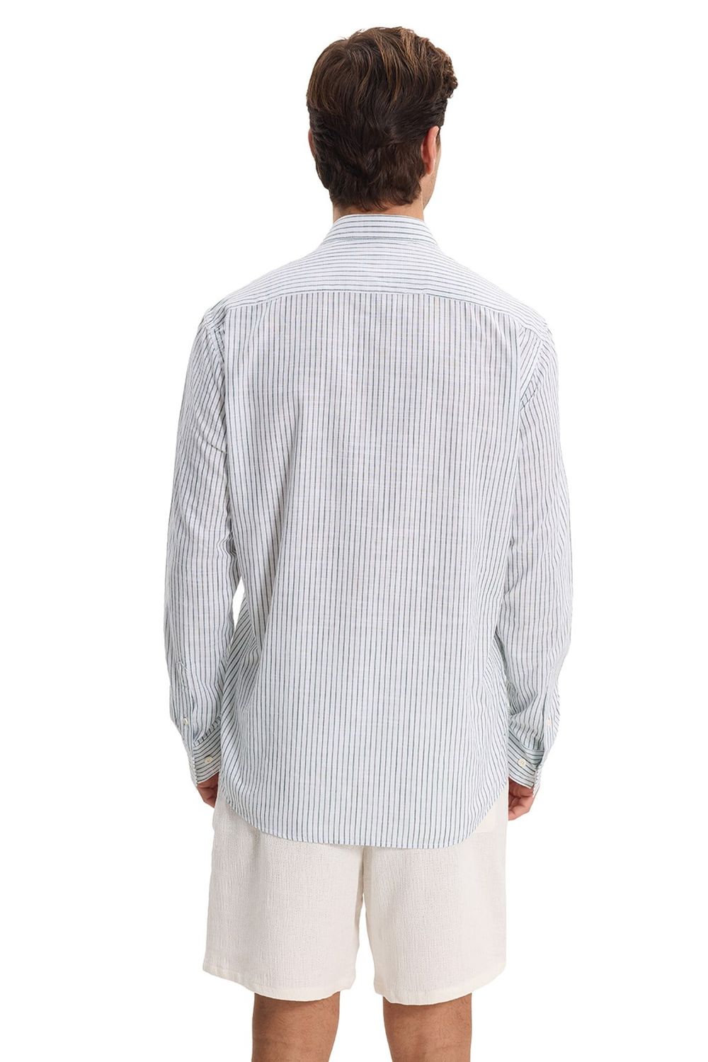 Erkek Regular Fit Klasik Kesim Oversize Uzun Kollu %100 Pamuk Keten Doku Tek Cepli Çizgili Yeşil Gömlek