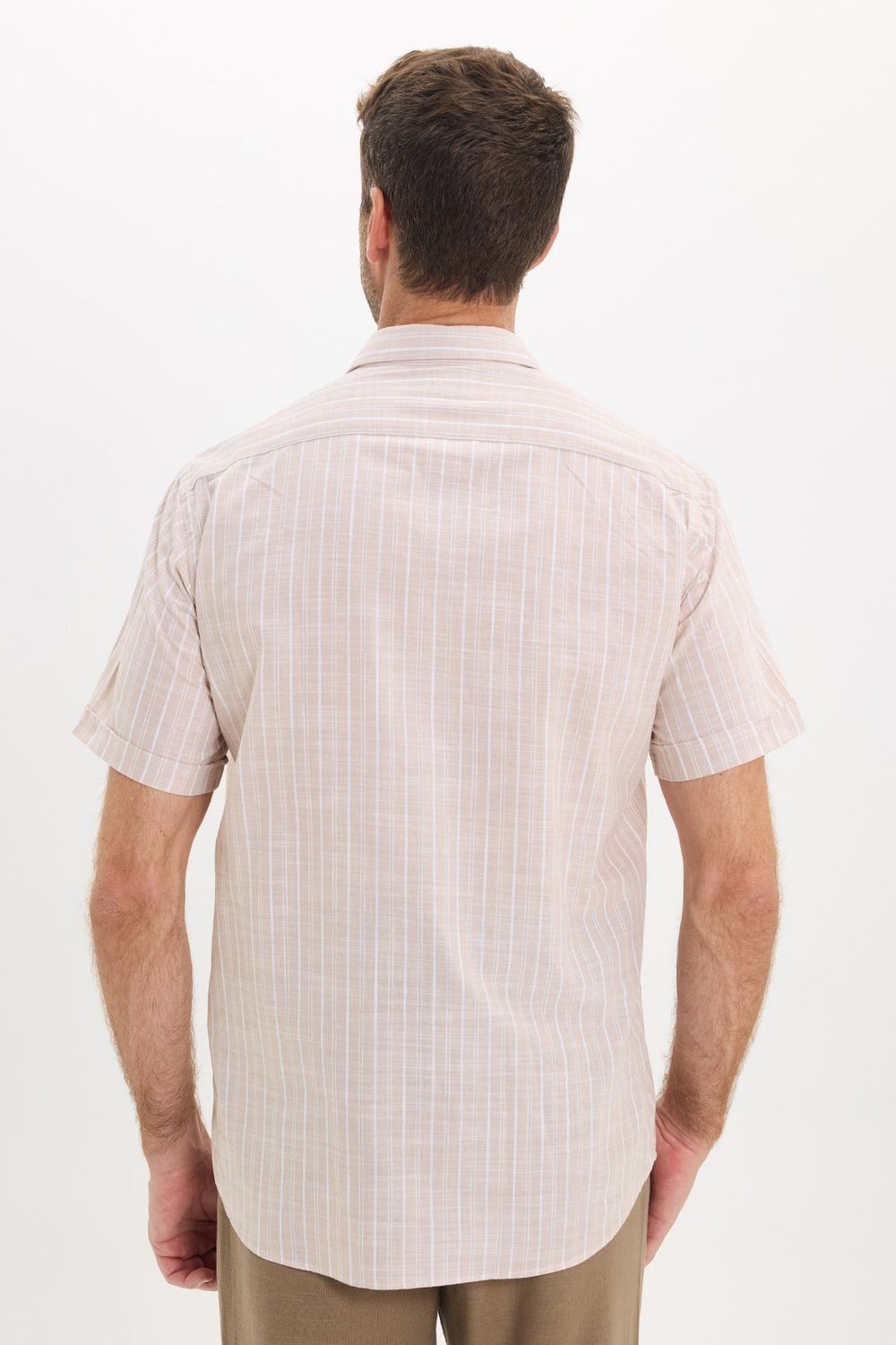 Erkek Regular Fit Klasik Kesim Oversize %100 Pamuk Keten Doku Tek Cepli Çizgili Kısa Kollu Bej Gömlek